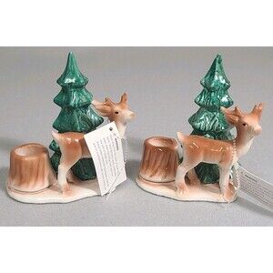 RED SHED Porcelain Coated CAST IRON CANDLE HOLDERS 2 Deer Christmas Tree NWT